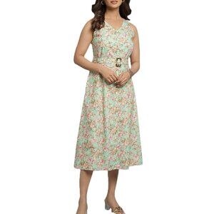 Cotton White & Pink Floral Printed Fit & Flare Dress with Belt